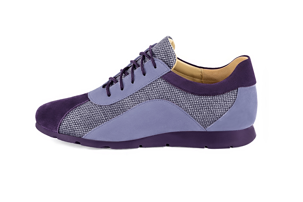 Lavender purple women's two-tone elegant sneakers. Round toe. Flat rubber soles. Profile view - Florence KOOIJMAN